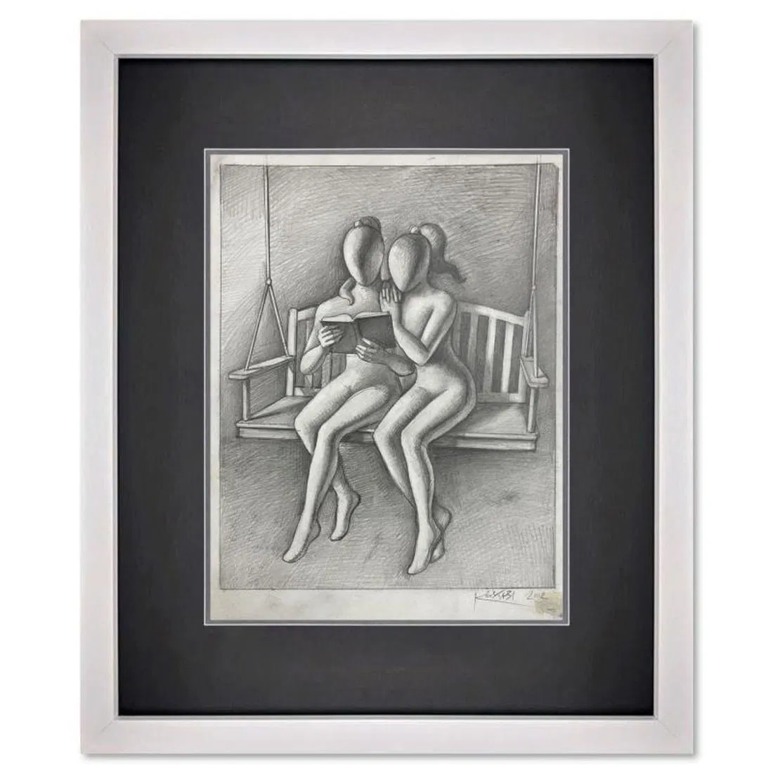 Mark Kostabi, "Besties" Framed Original Drawing on Paper, Hand Signed with Certificate of