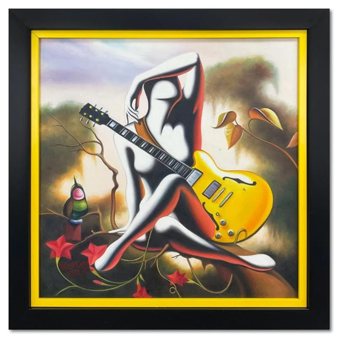Mark Kostabi, "Distant Memory" Framed Original Oil Painting on Canvas, Hand Signed with Letter of