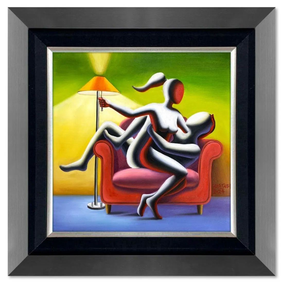Mark Kostabi, "Softly Surrendering" Framed Original Oil Painting on Canvas, Hand Signed with COA