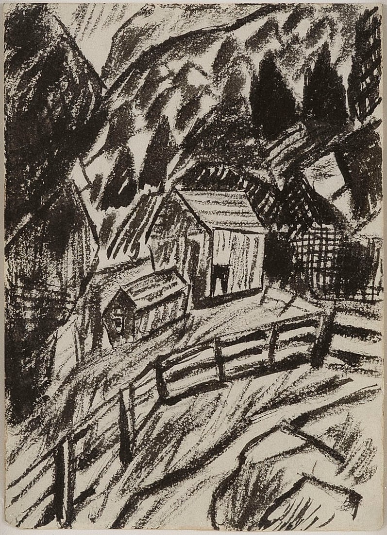 MARSDEN HARTLEY (Maine, 1877-1943), "Mountains and Barns"., Black crayon, 6.75" x 5". Framed 14.5" x