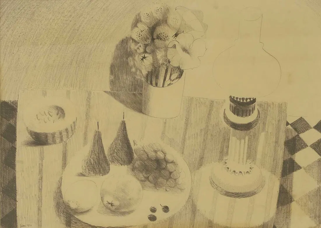 ▲ Mary Fedden RA (British, 1915-2012) 'Still Life with Fruit, Vase of Flowers and Lantern'