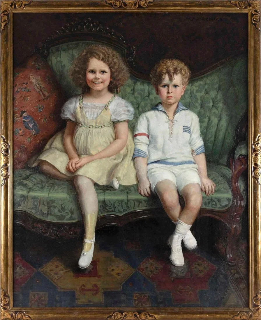 Mary Louise Fairchild MacMonnies Low (1858-1946) American, Oil on Canvas, Portrait of Two Children