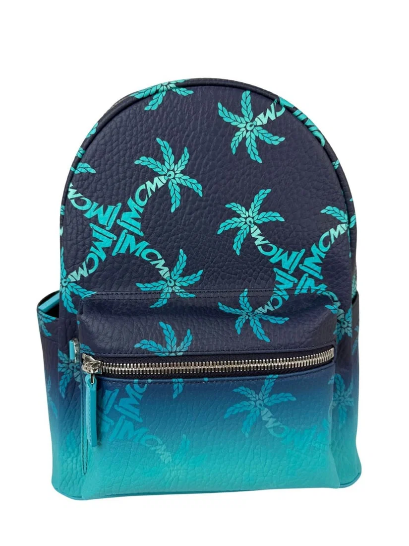 MCM Stark Ceramic Blue Gradation Palm Canvas Backpack with Silver Hardware