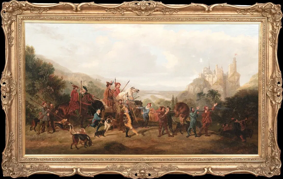 MEDIEVAL BOAR HUNTING PARTY OIL PAINTING