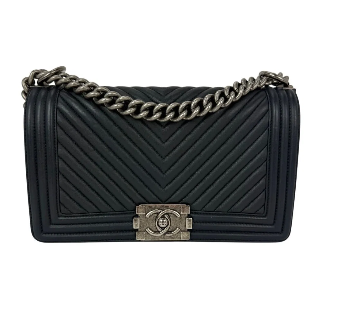 Medium Navy Blue Boy Chevron Quilted Shoulder Bag by CHANEL