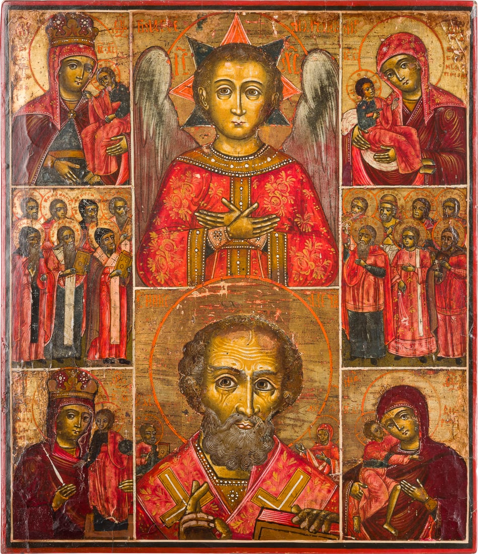 | MEHRFELDER-IKONE MIT CHRISTUS, DEM GUeTIGEN SCHWEIGEN, GNADENBILDERN DER GOTTESMUTTER UND HEILIGEN