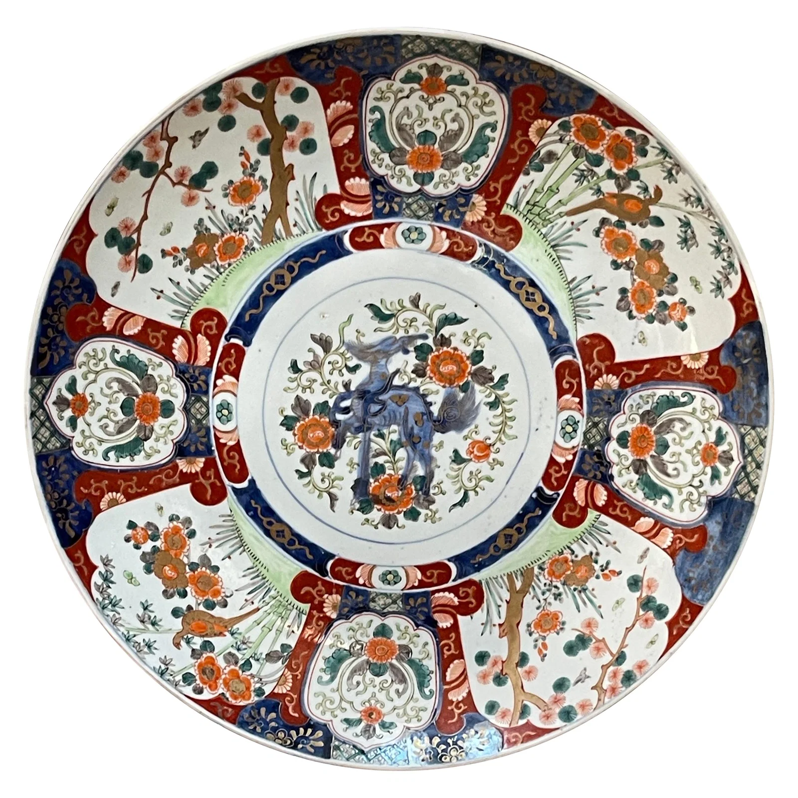 Meiji Period 18 Inch Imari Foo Dog Charger by Fukagawa