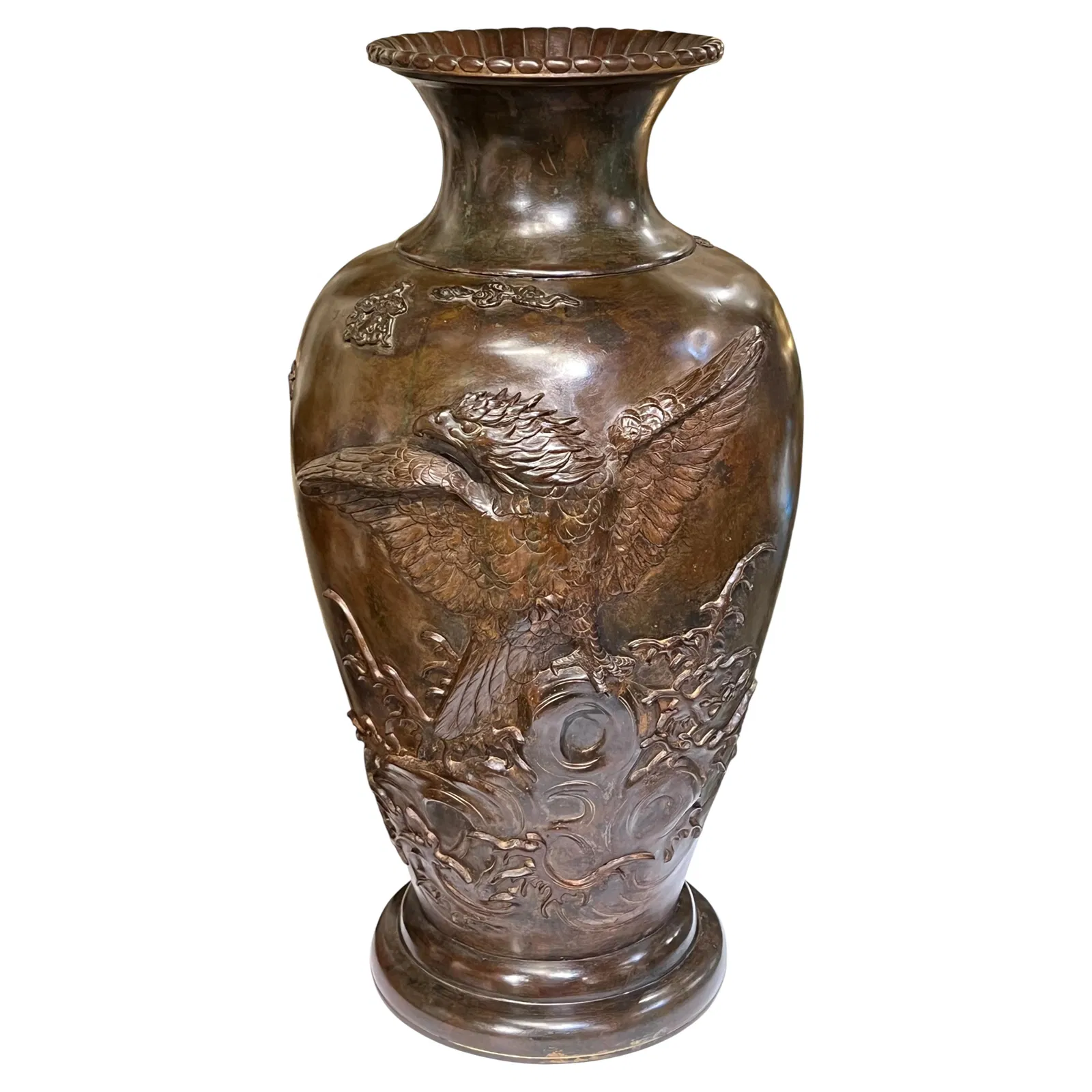 Meiji Period Japanese Bronze Vase Featuring Raised Eagle Motif