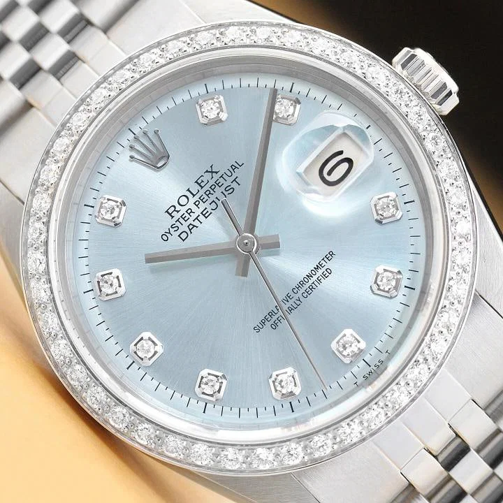 MENS ROLEX DATEJUST ICE BLUE 18K WHITE GOLD DIAMOND & STAINLESS STEEL WATCH