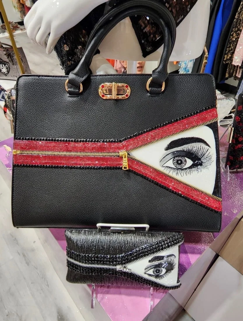 Mercedes Brunelli "Unzipped" Tote Crossbody Shoulder Bag, Hand Painted Eye Embellished with