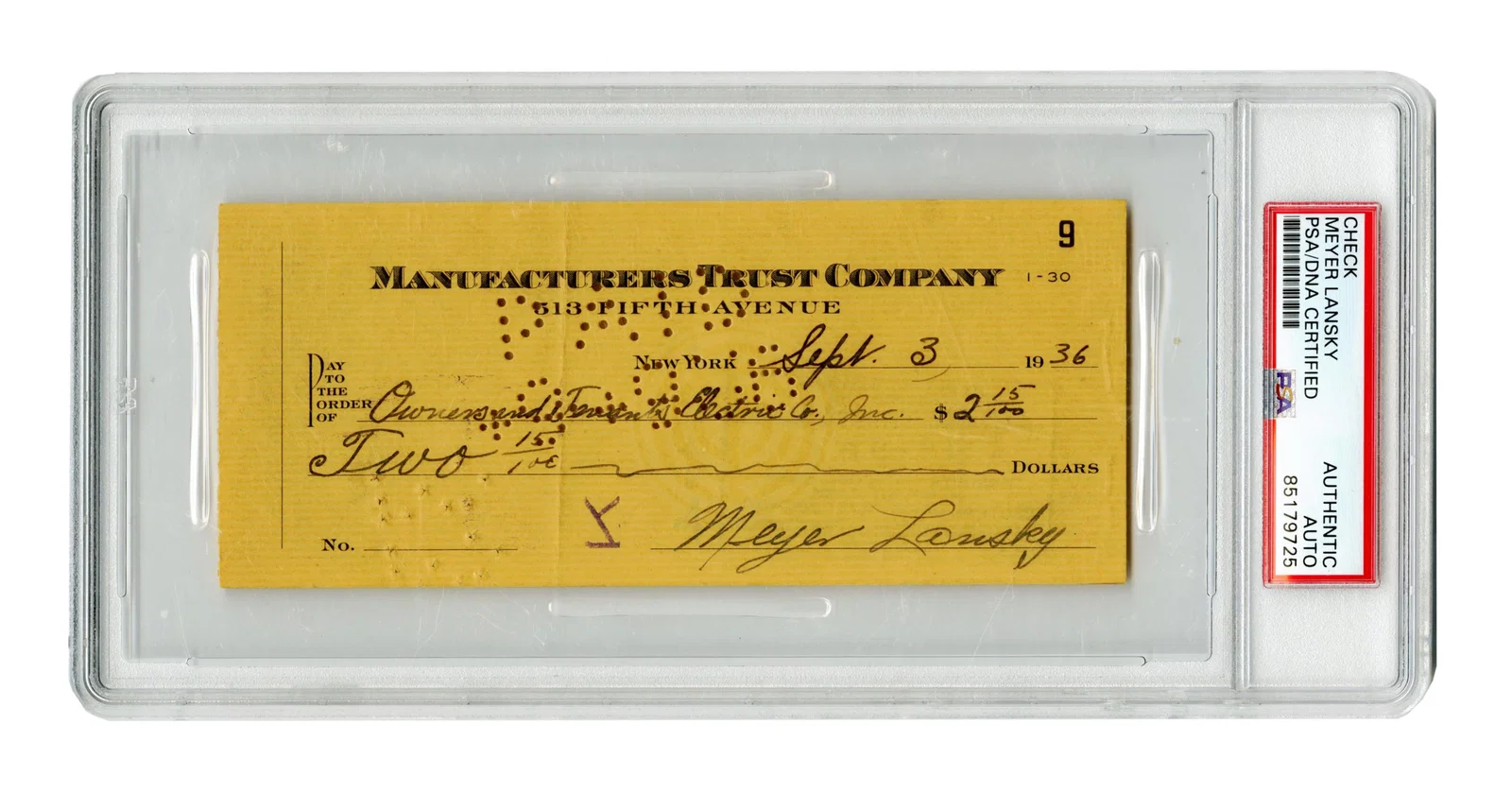 Meyer Lansky Boldly Signed Check, PSA Encapsulated