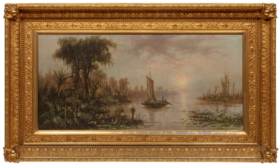 Meyer Straus, American/Louisiana 1831-1905, "Moss Gathering on Bayou Teche", oil on canvas