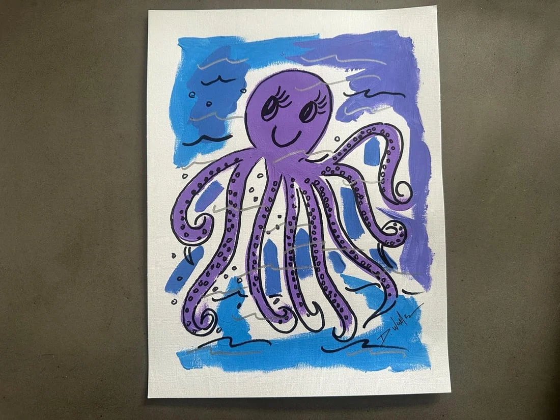 Miami Florida local artist HAND PAINTED Acrylic Painting simple purple octopus fun original one of a