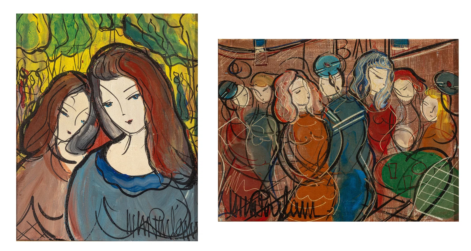 Michel Marie Poulain (French, 1906-1991) Oils on Canvas, 'Portrait of Two Women; Group of Women', H