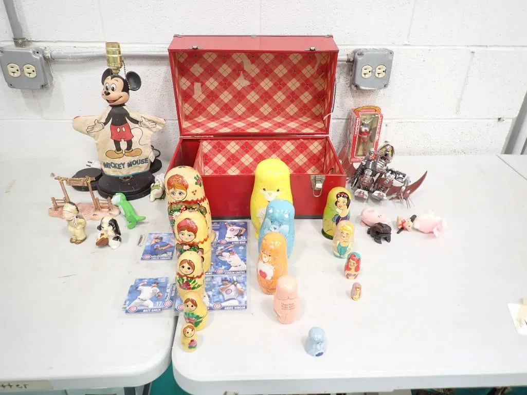 Mickey Mouse Lamp, Care Bear Nesting Dolls, and other Toys and a Metal Roller Skate Case