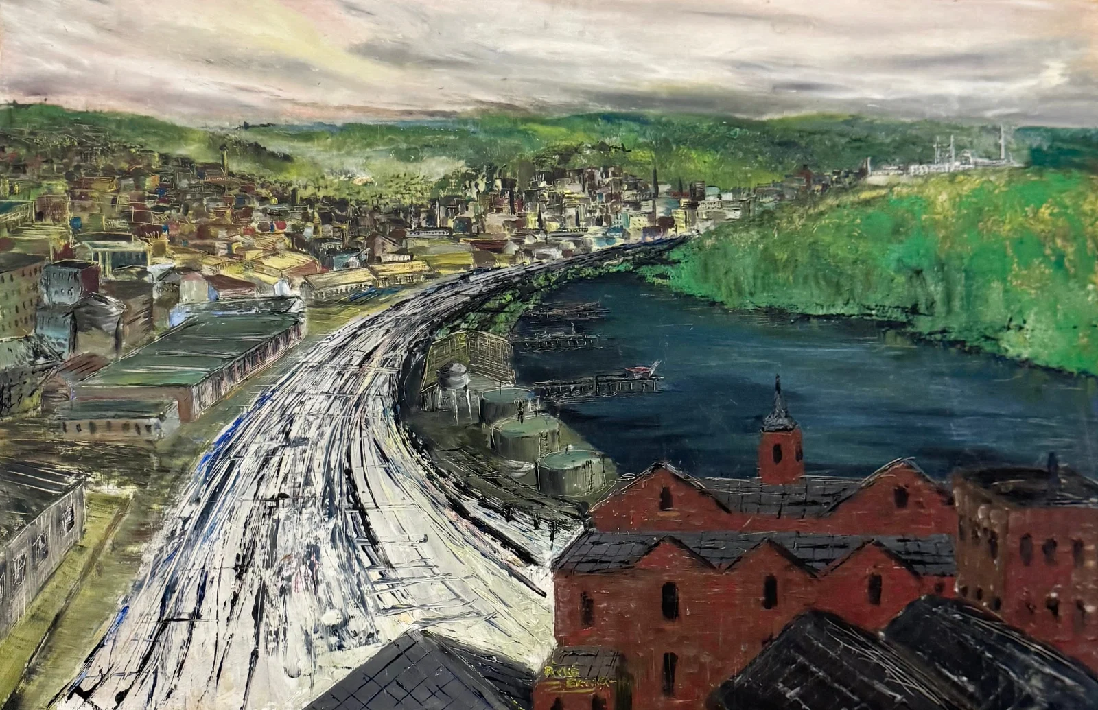 Mid-Century American Signed Expressionist Cityscape Of Pittsburgh, Pennsylvania