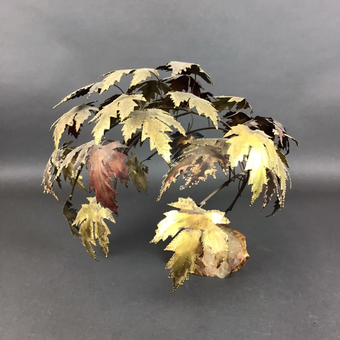 Mid-Century Modern Brutalist Copper Tree Sculpture with Maple Leaves on Stone Base