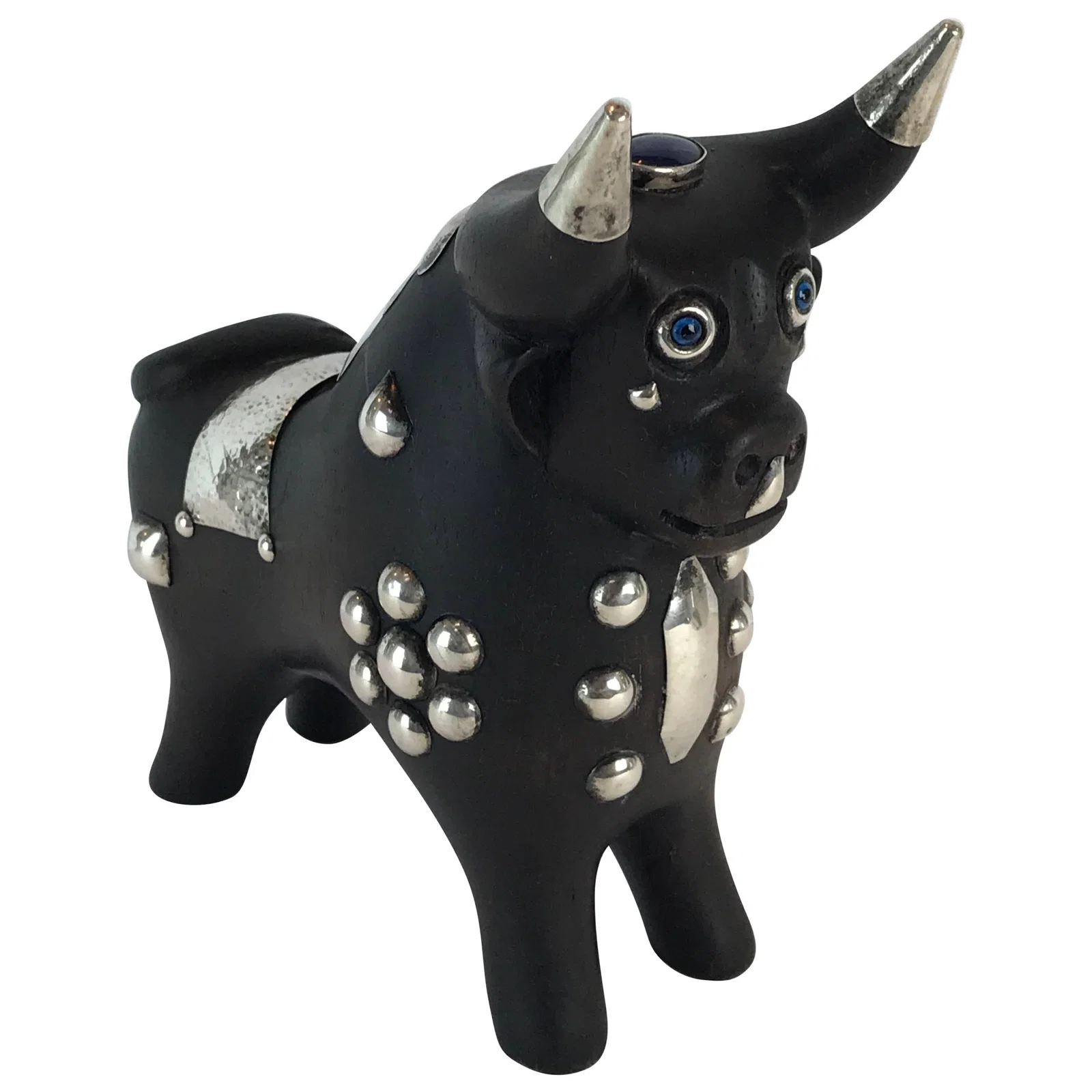 Mid-Century Modern Wood and Sterling Silver Taurus Bull Sculpture
