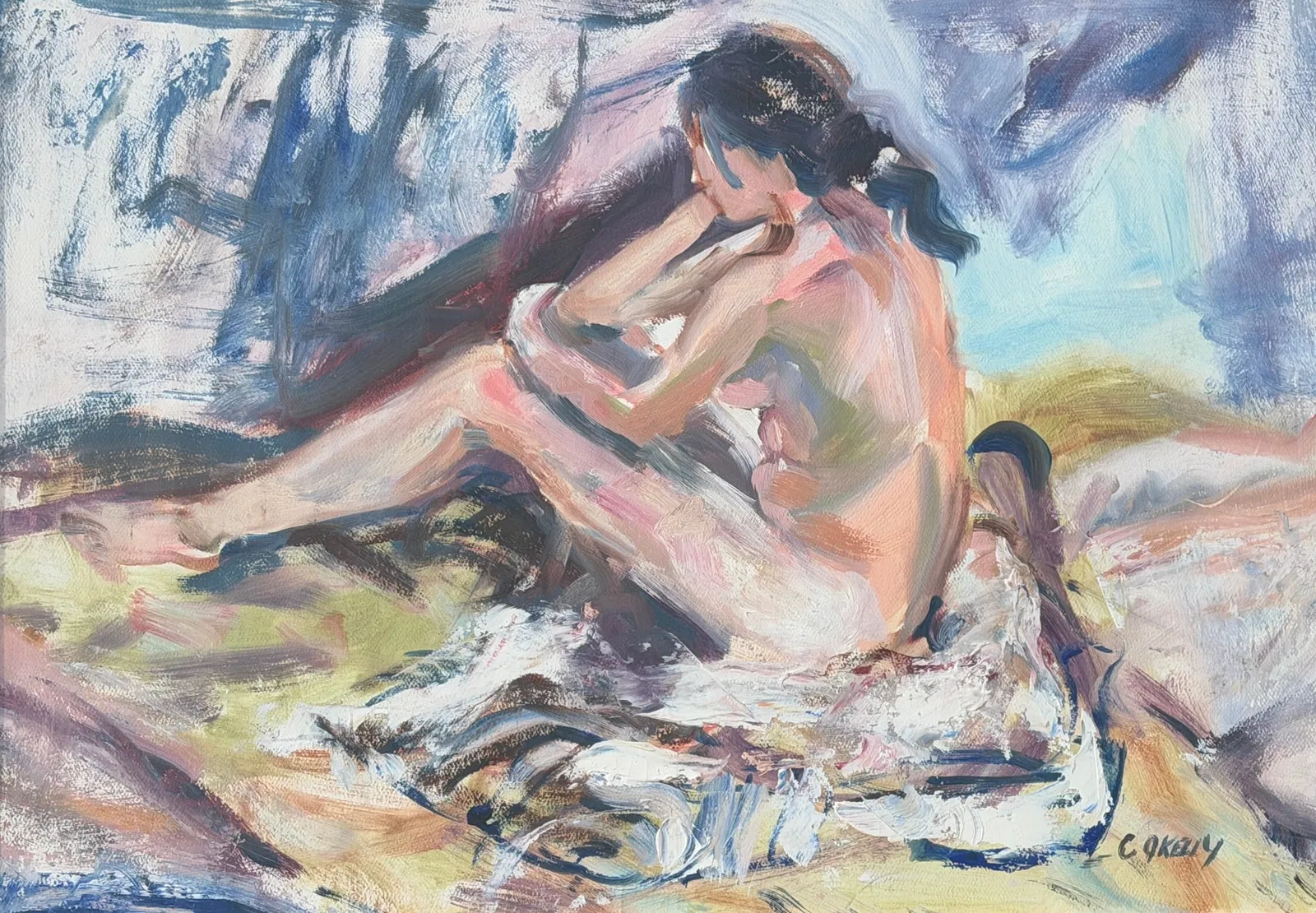 Mid Century Nude Woman Oil Painting