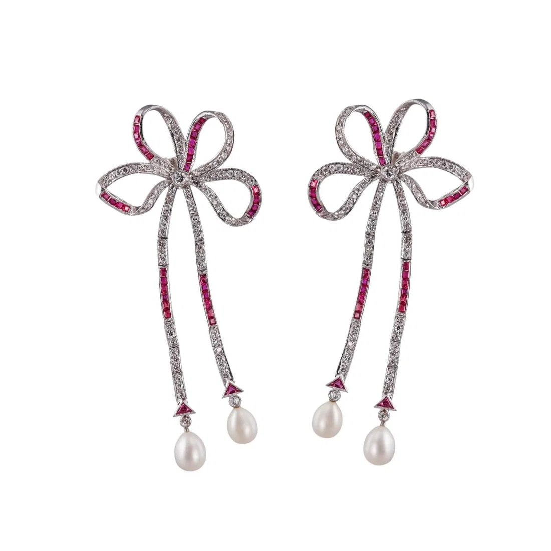 Mid Century Platinum Diamond Ruby Pearl Bow Drop Earrings