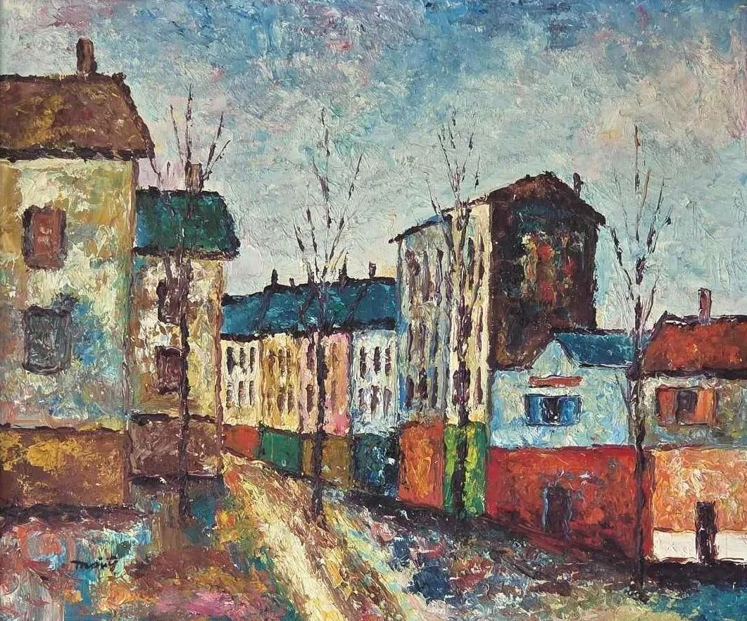 MID CENTURY SIGNED IMPASTO OIL ON CANVAS IMPRESSIONIST EUROPEAN STREET SCENE
