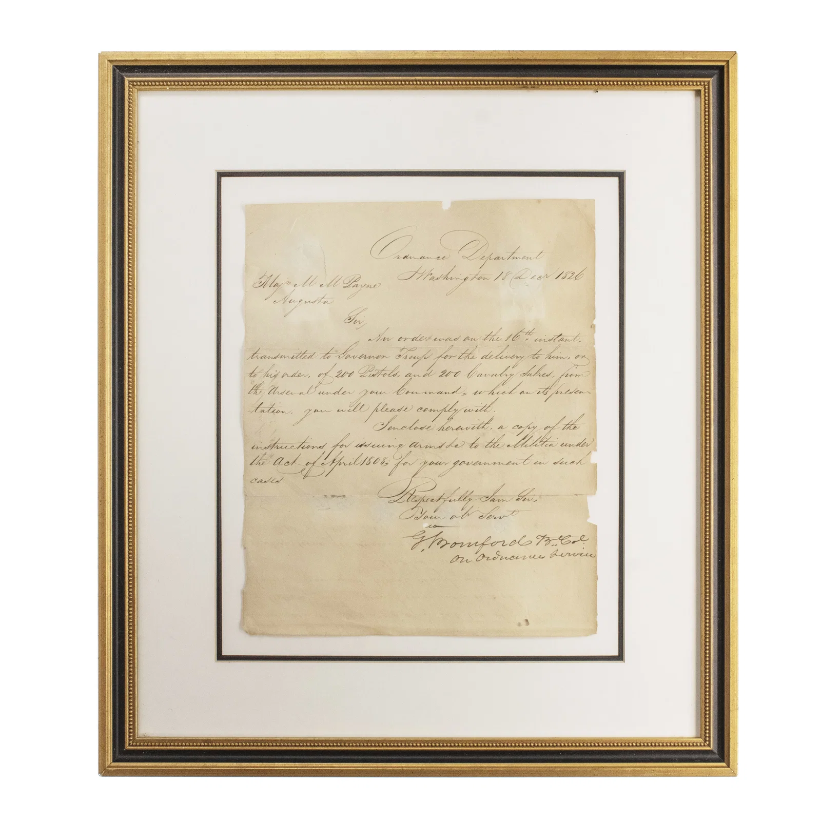 [MILITARIA, SEMINOLE WARS] 1826 Order for Pistols & Sabers for Georgia Militia, Signed George Bomfor