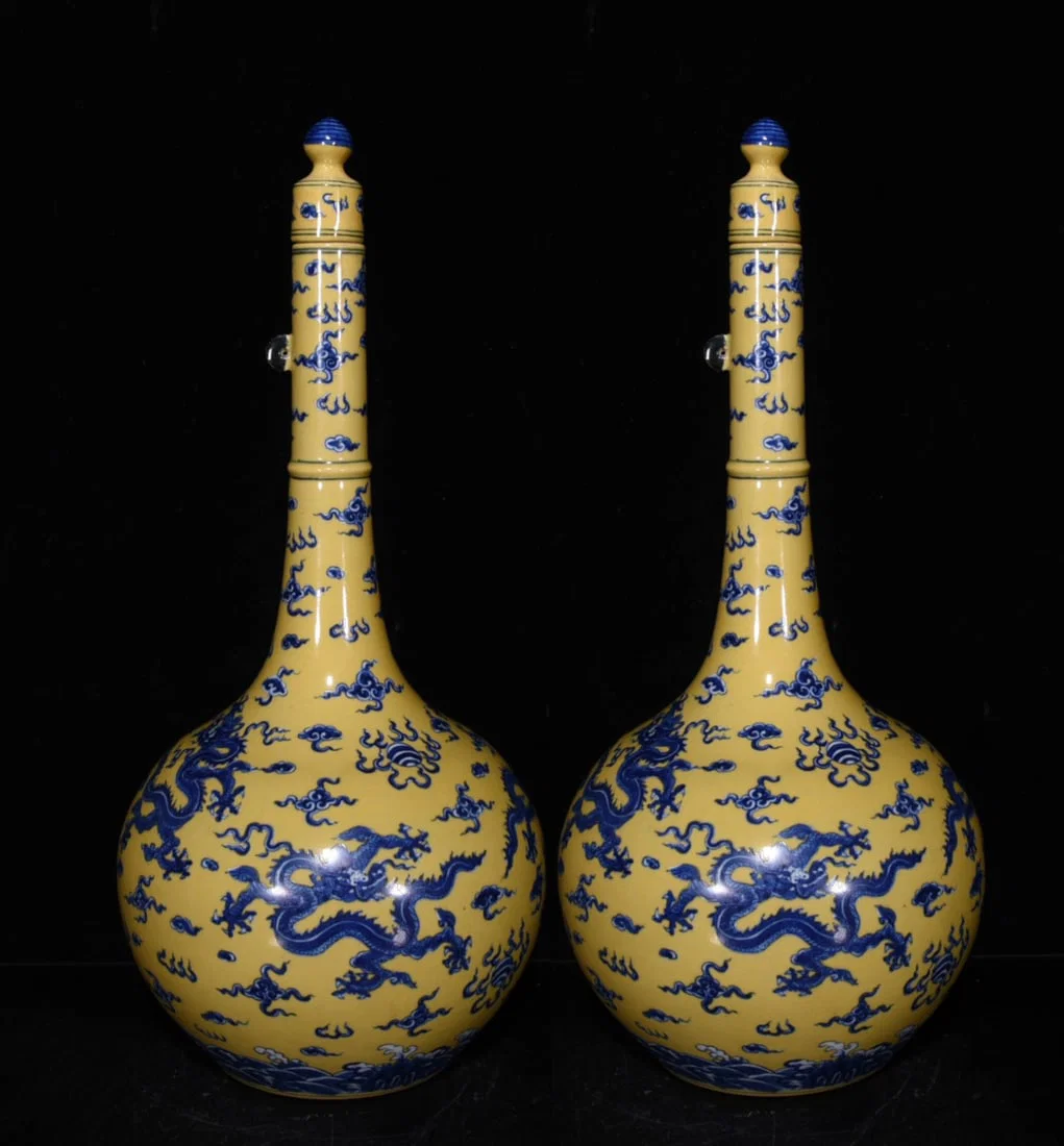 Ming Dynasty Chenghua yellow ground blue and white vase pair