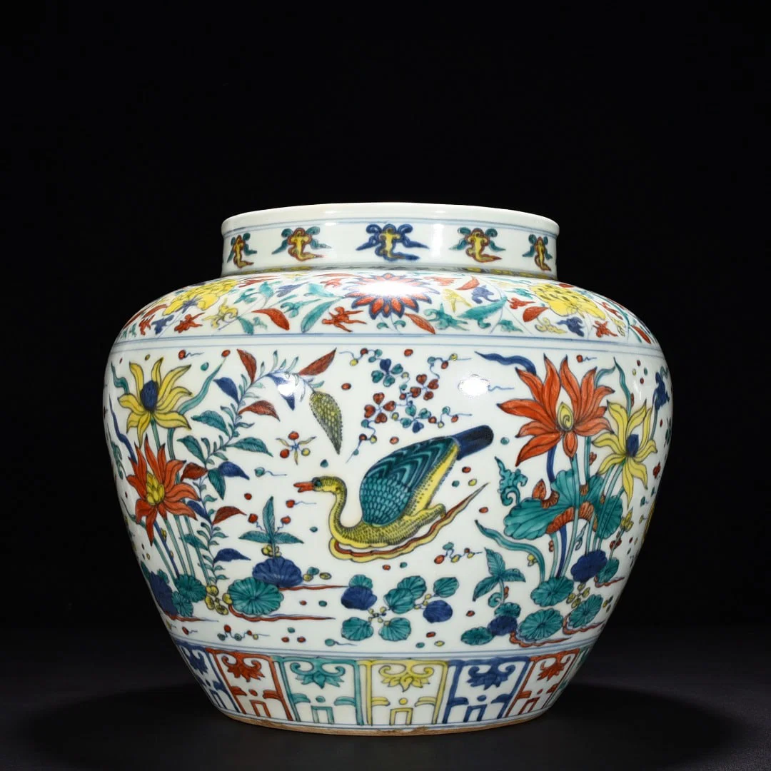 Ming Dynasty Jiajing Blue and White Colorful Lotus Mandarin Duck Pond Jar