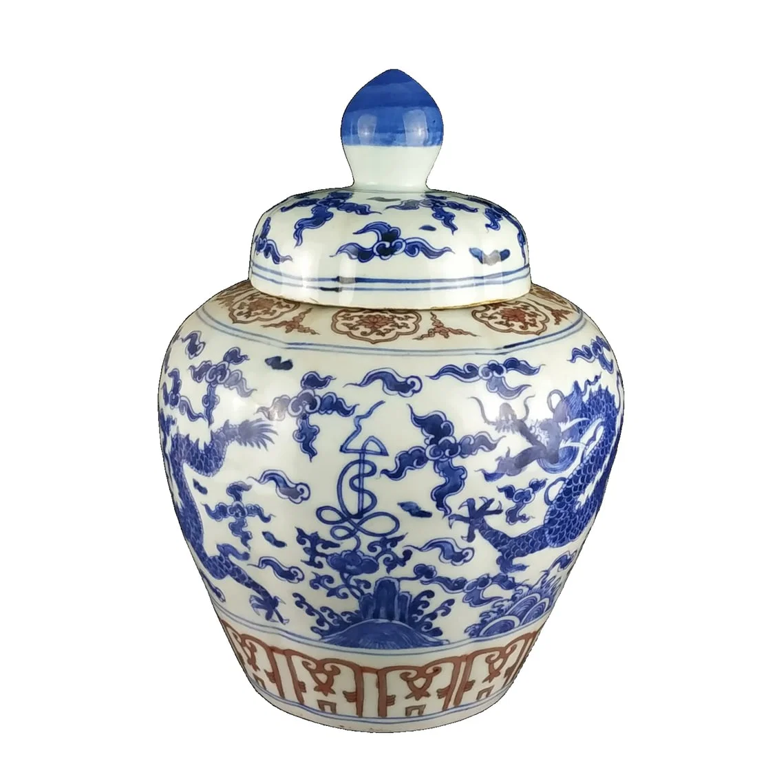 Ming Dynasty Jiajing Blue and White Underglaze Red Hand-painted Dragon Pattern Covered Jar