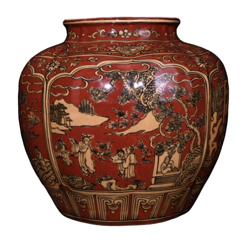 Ming Dynasty Jiajing period red-glazed yellow-enameled melon-shaped jar with human figure story