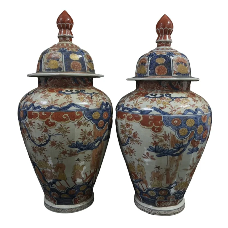 Ming Dynasty pair of blue and white porcelain jars with underglaze red generals