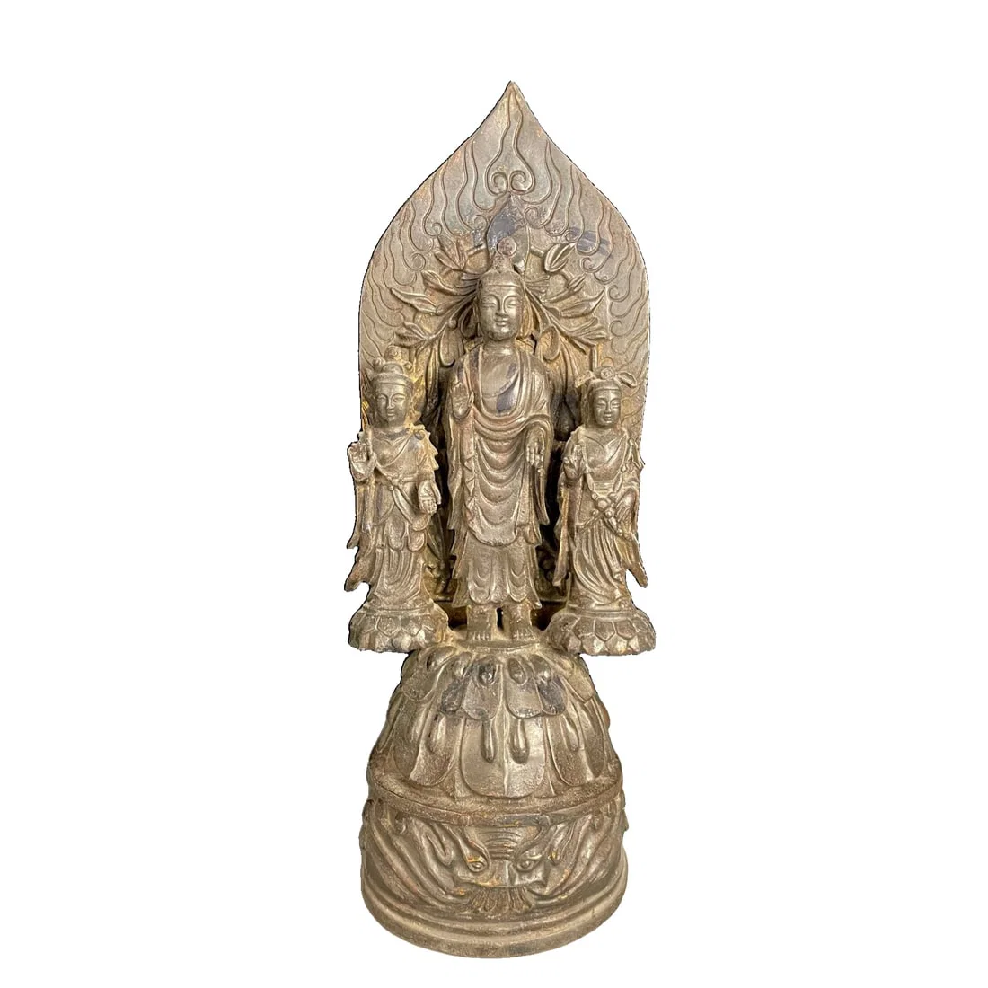 Ming Dynasty pure copper statue of one Buddha and two disciples.