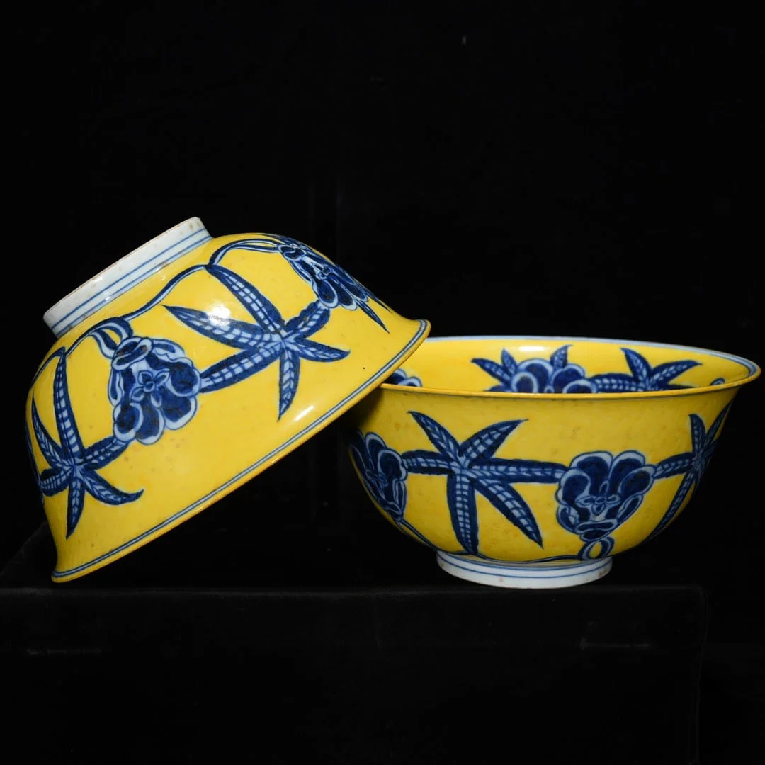 Ming Dynasty Xuande yellow ground blue and white okra bowl