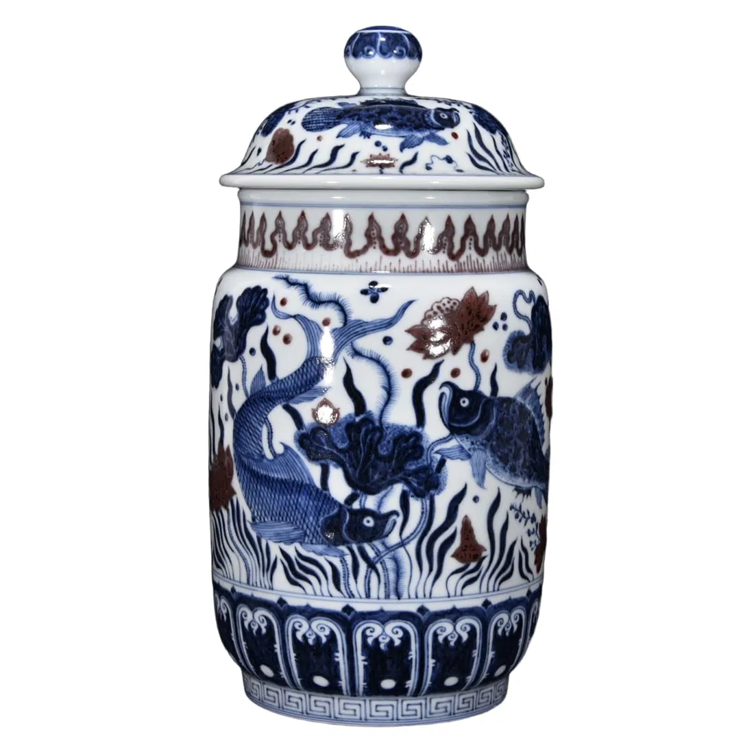Ming Xuande Blue and Red Glaze Fish and Algae Pattern Jar