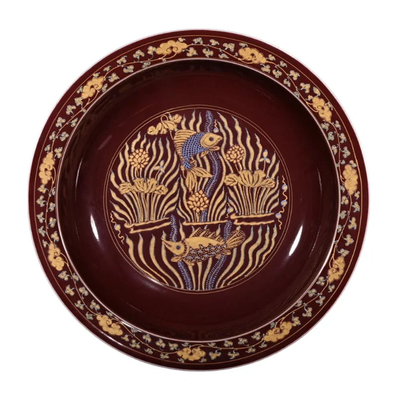 Ming Xuande Sacrificial Red Glaze Fish and Algae Pattern Plate