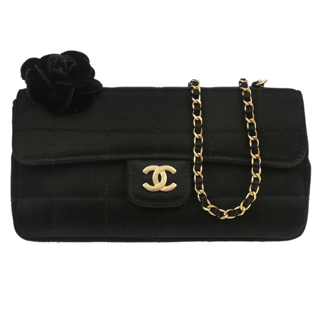Mini Black Satin Camellia Choco Bar Shoulder Bag by Chanel