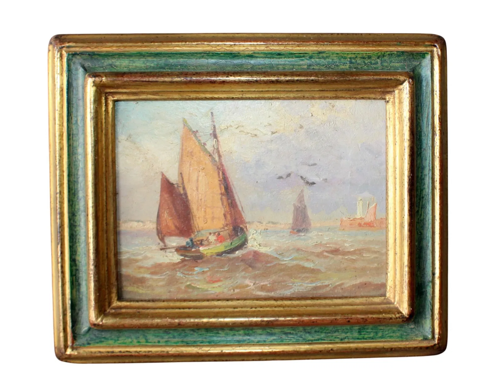 Miniature Continental oil on board painting of sailboats