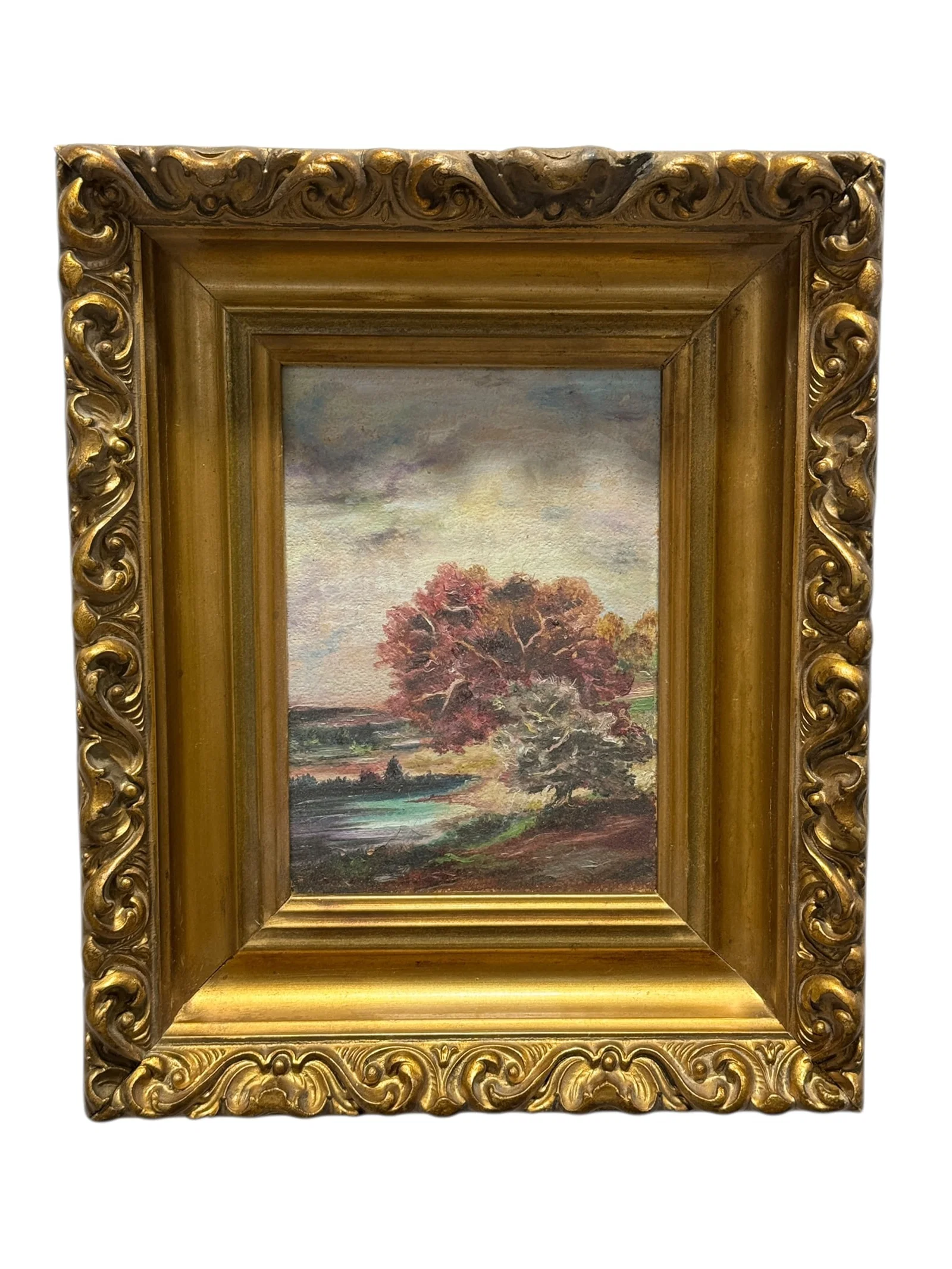 Miniature Landscape Oil Painting on Board in Giltwood Frame