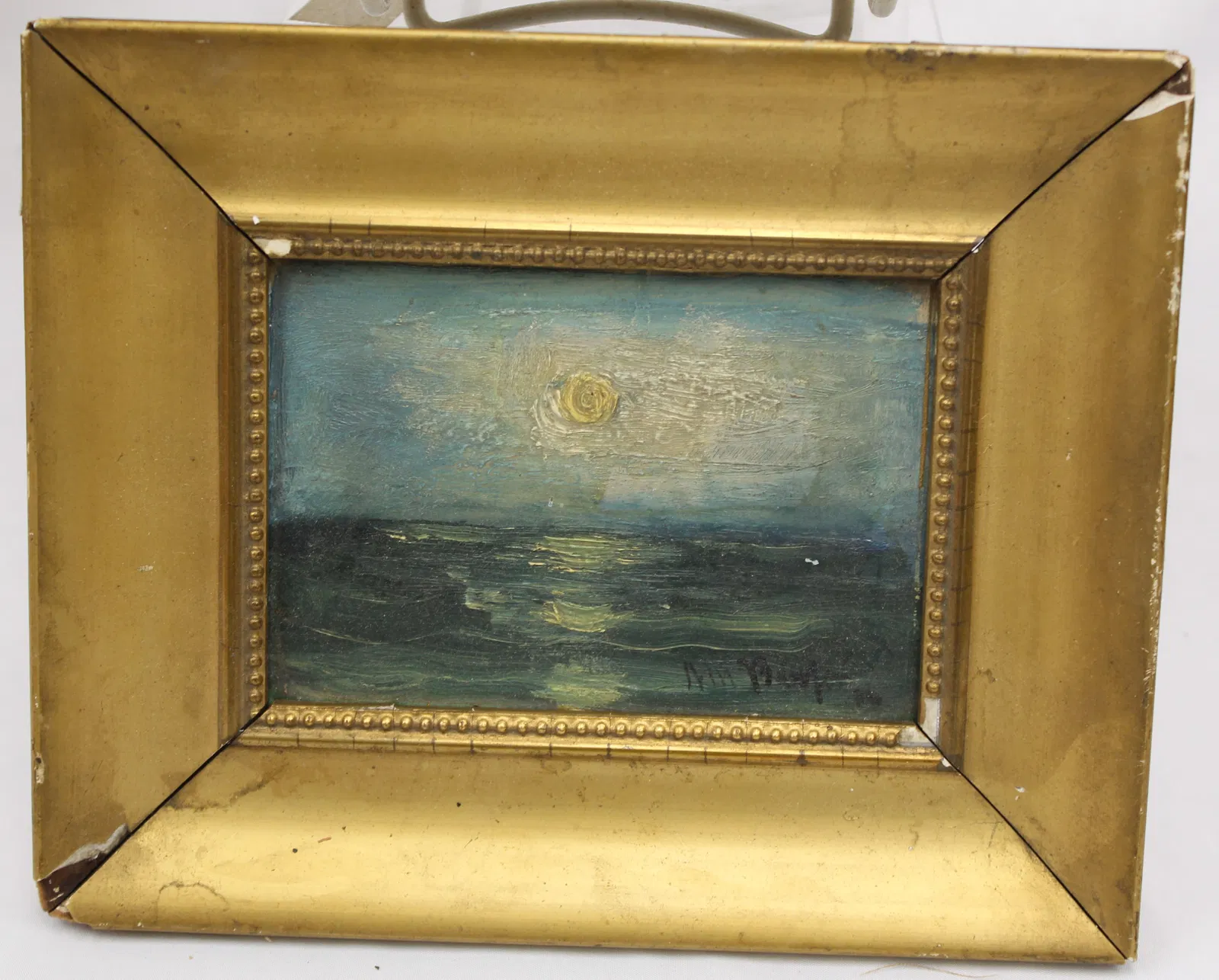 Miniature oil on board moonlit seascape signed illegibly - overall framed size 6 1/2"x7 1/2"