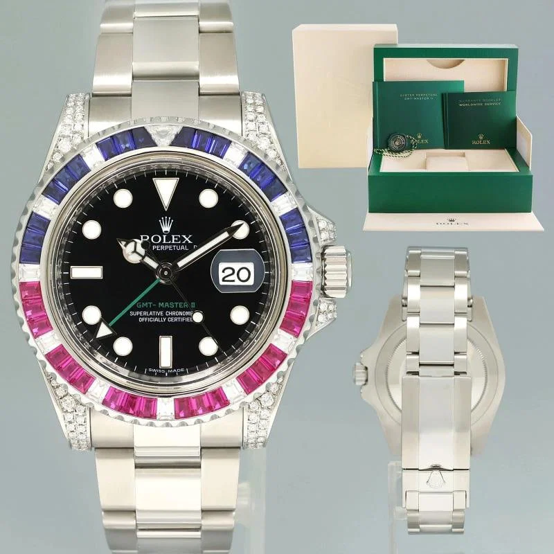 MINT Diamond Ruby & Sapphire Rolex GMT Master II 116710 Steel 40mm Black Watch