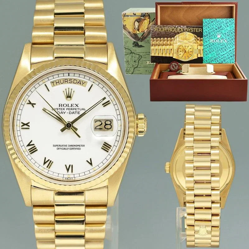 MINT Rolex 36mm President Day Date White Roman 18038 Quick Set Yellow Gold Watch