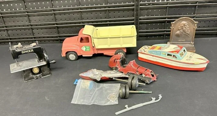 Misc. older toy lot, BUDDY L TRUCK, SINGER sewing machine, tin litho boat, Bradley & Hubbard bronze