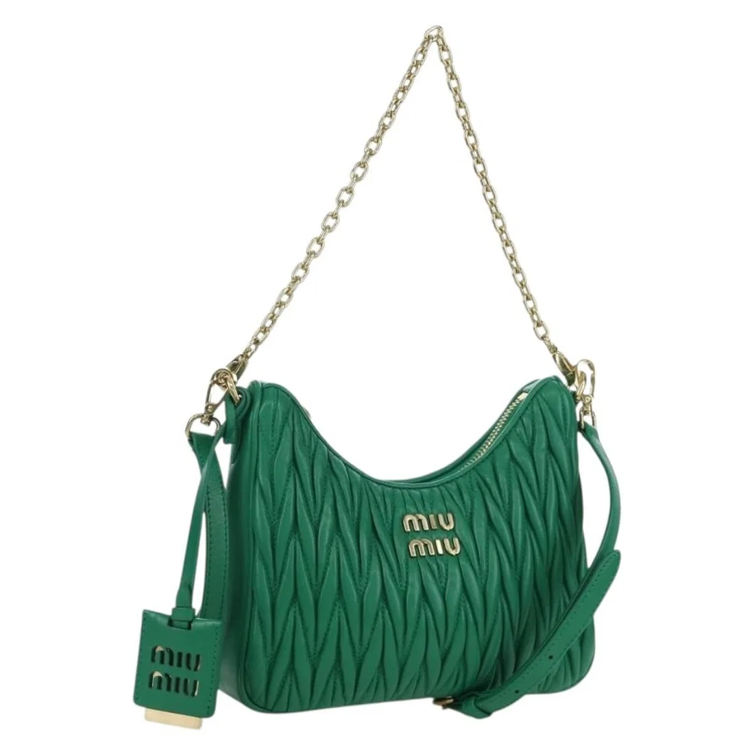 Miu Miu Green Leather Matelasse Shoulder Bag with Chain Strap and Gold Accents