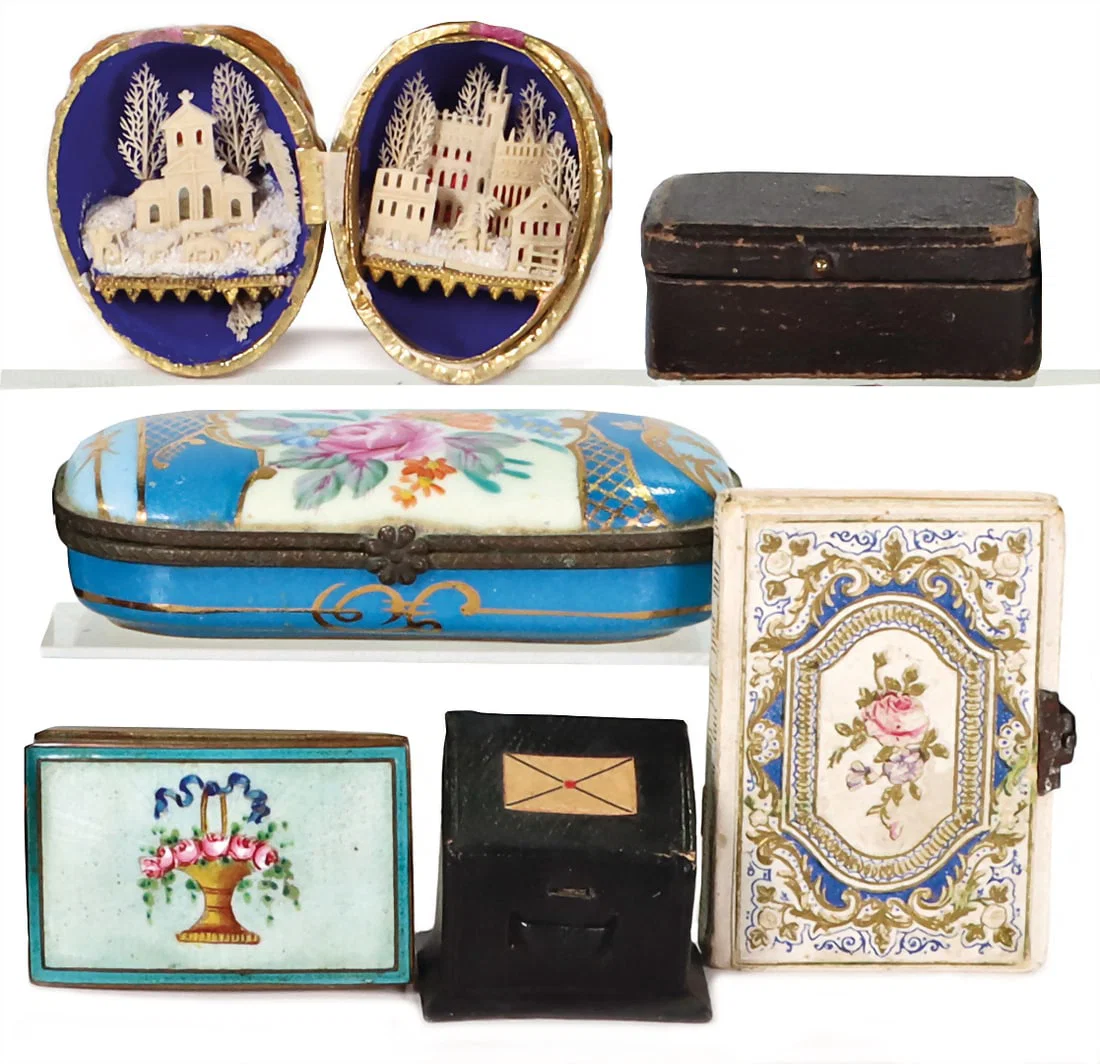 Mixed lot of tins and boxes, letter box, Biedermeier calendar, Vienna 1851, mirror glass inside