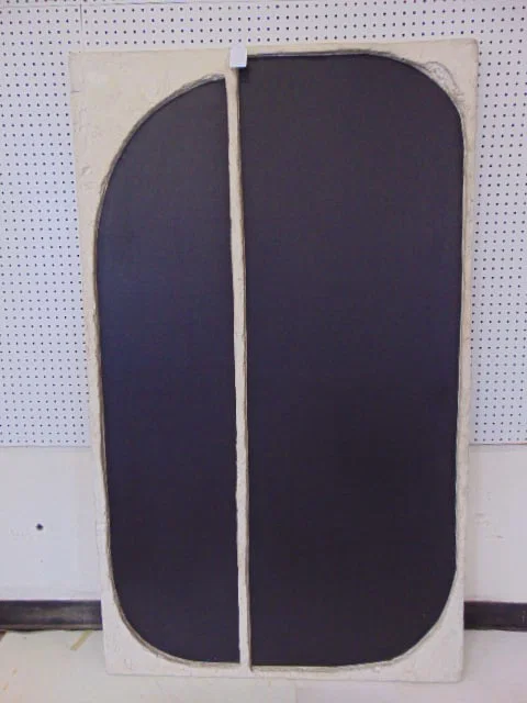 Mixed media, abstract in black with applied plaster, by Robert Boernstein, on canvas, 69.25" by
