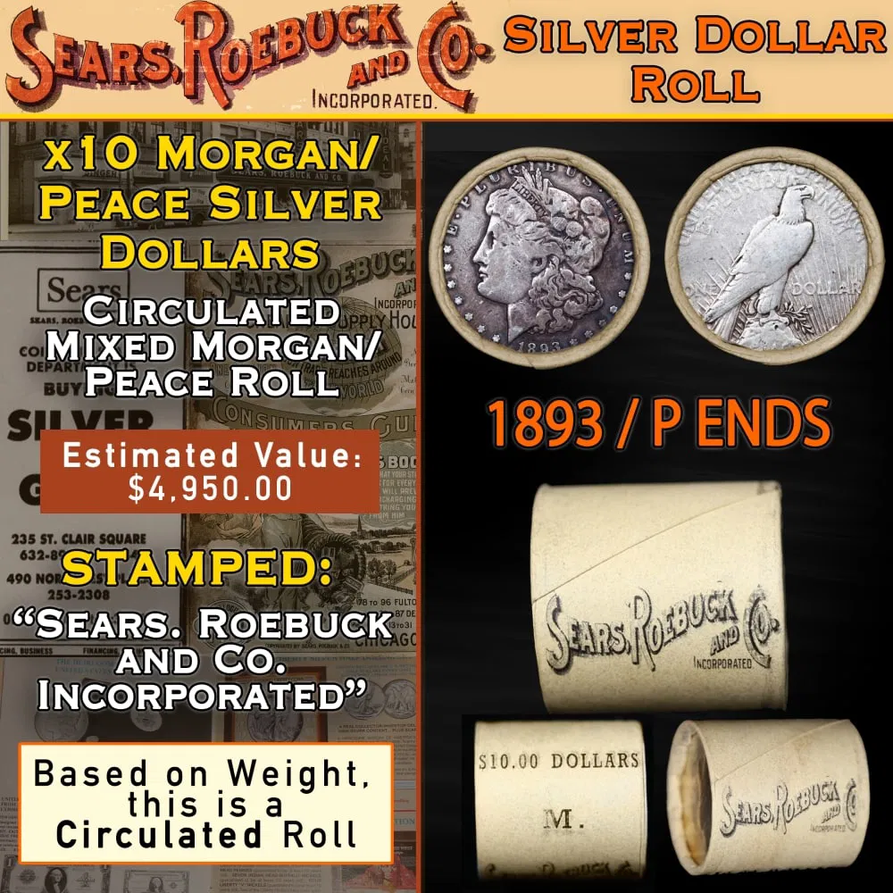 Mixed Morgan/Peace SEARS Circ Dollar $1 Roll 10 1893/'P' Peace Ends