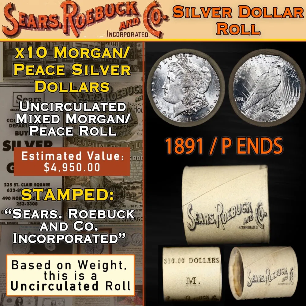 Mixed Morgan/Peace SEARS UNC Dollar $1 Roll 10 1891/'P' Peace Ends