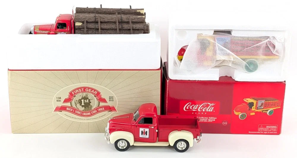 Mixed Scale Mack Logging Truck, Coca-Cola Depot Truck, and IH Pickup Truck