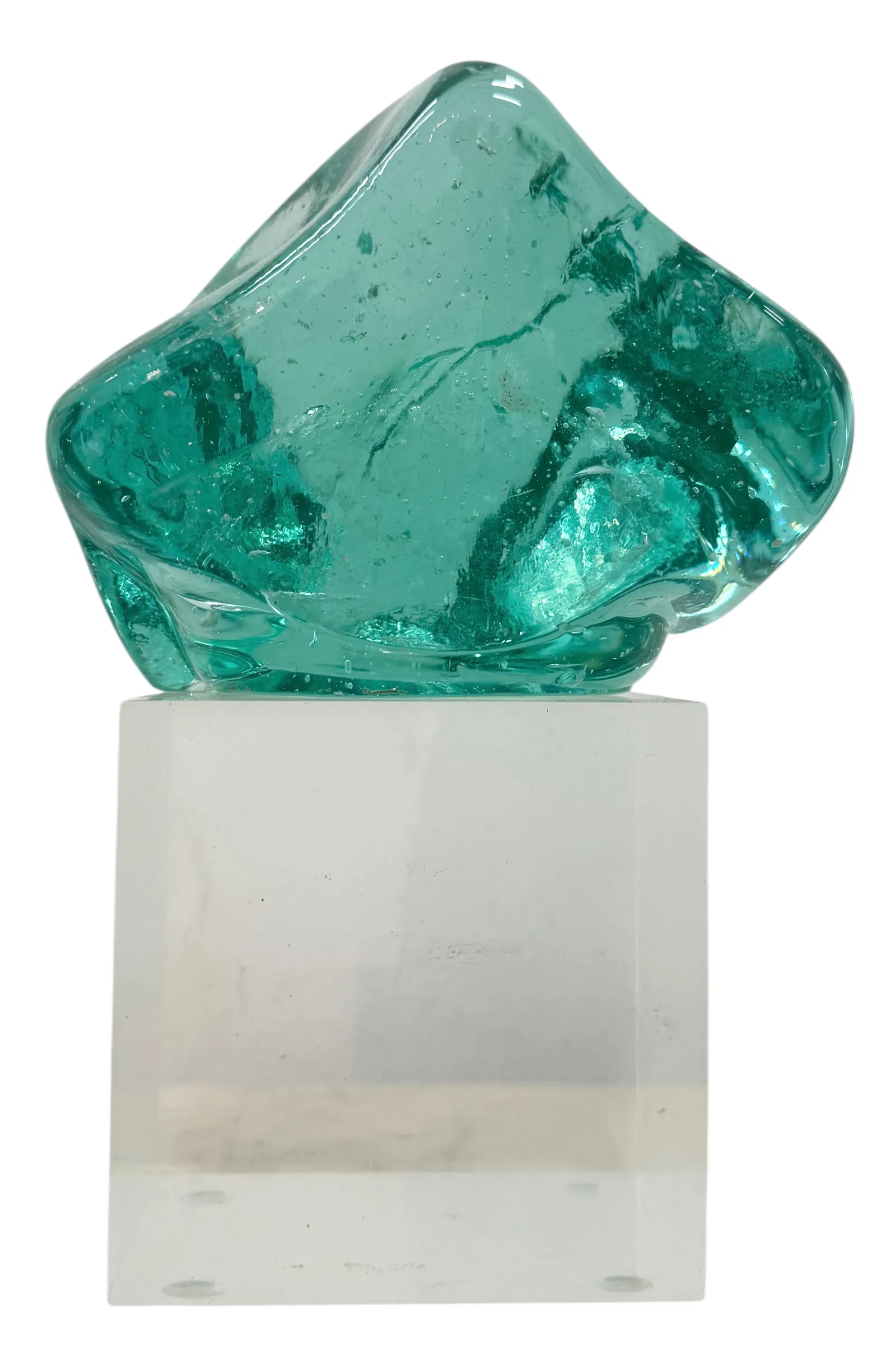 Modernist Aquamarine Glass Abstract Sculpture On Lucite Base