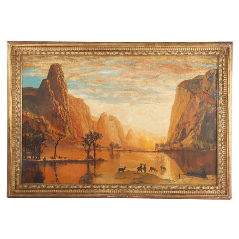 Monumental 67" Hudson River School Oil On Canvas Southwestern Landscape c1920